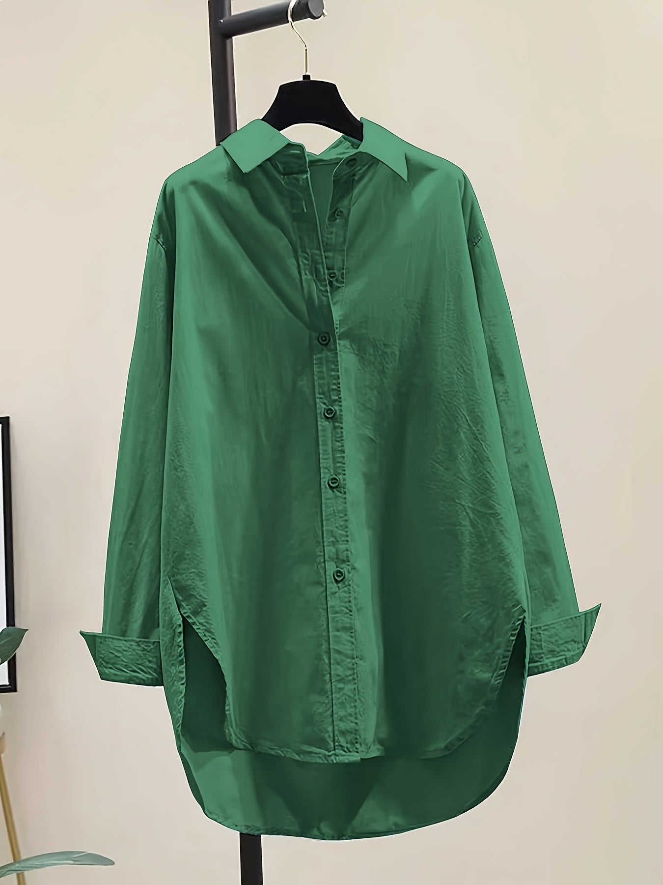 Effortless Cotton Blouse for Women with Point Collar Long Sleeve High Low Oversized Style
