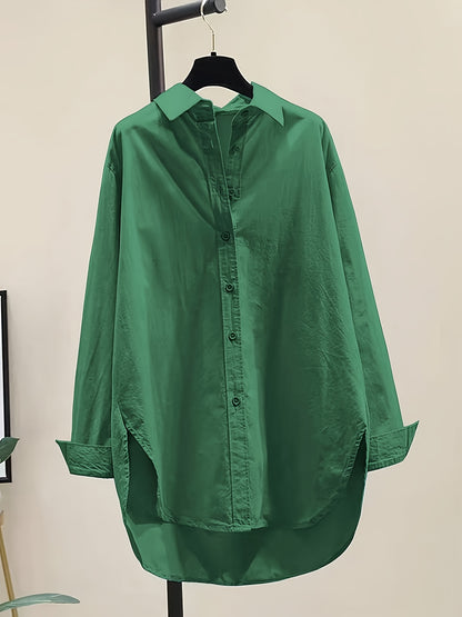 Effortless Cotton Blouse for Women with Point Collar Long Sleeve High Low Oversized Style