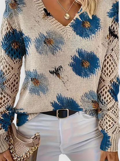 Comfortable Floral Crochet Sweater for Women with V Neck Balloon Sleeve Lace Panel Oversized Knit Style