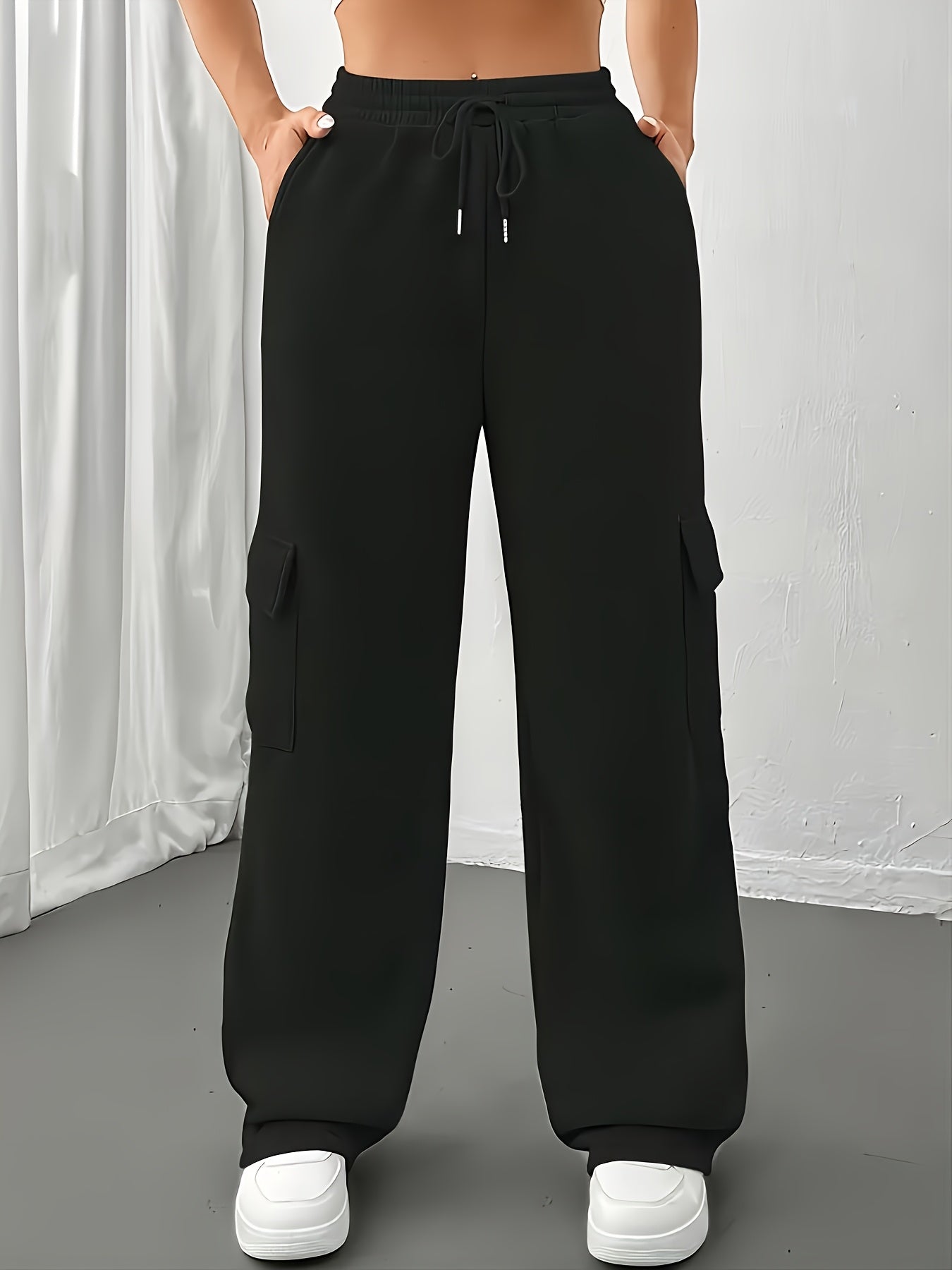 FLS3011WW0 Women's Fleece-Lined Jogger Pants - Loose Fit Cargo-Style with Multiple Pockets, Drawstring Waist, All-Season Casual Athletic Lounge Pants for Women, Jogging Pants, Everyday Comfort Wear, Soft Texture Apparel