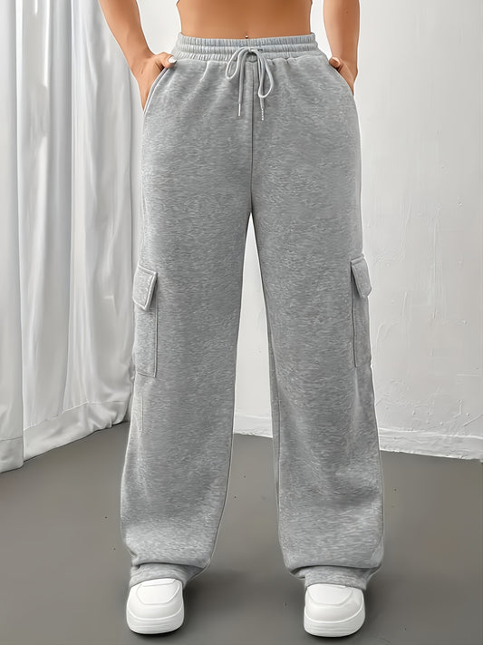 FLS3011WW0 Women's Fleece-Lined Jogger Pants - Loose Fit Cargo-Style with Multiple Pockets, Drawstring Waist, All-Season Casual Athletic Lounge Pants for Women, Jogging Pants, Everyday Comfort Wear, Soft Texture Apparel