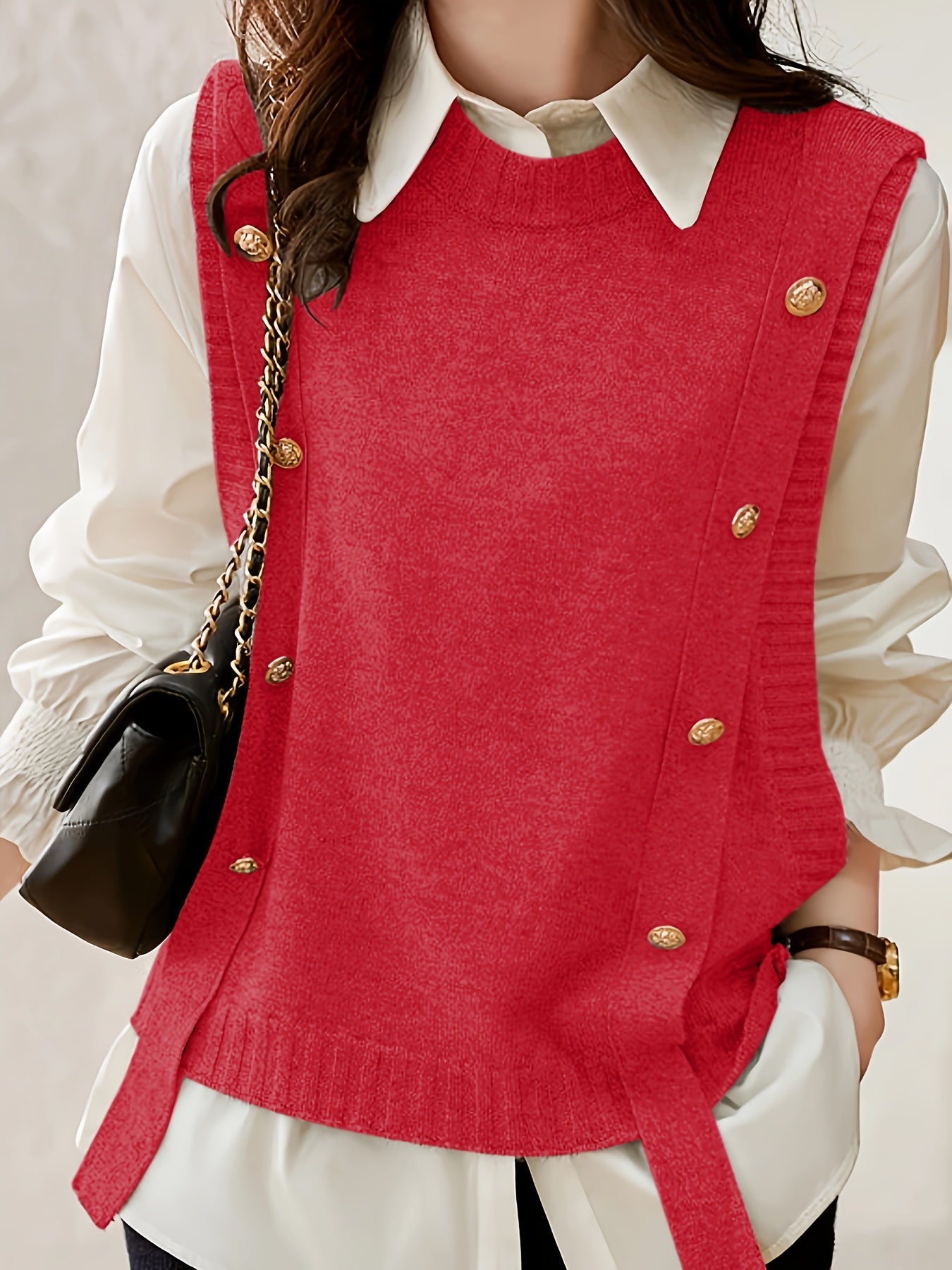 Comfortable Sweater Vest for Women with Round Neck Sleeveless Button Trim Relaxed Oversized Style