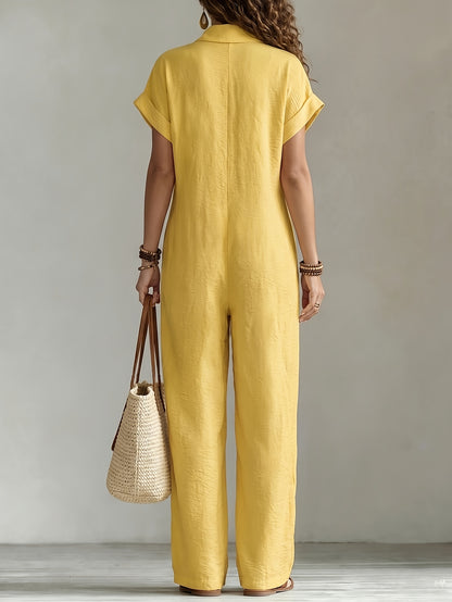 Women'S Summer Short Sleeve Jumpsuit, Collared Single-Row Button Loose Straight Style, Casual Cargo Overalls, Loose Straight Drape Long Pants, Daily Commute Casual All-Match Fashion Comfortable