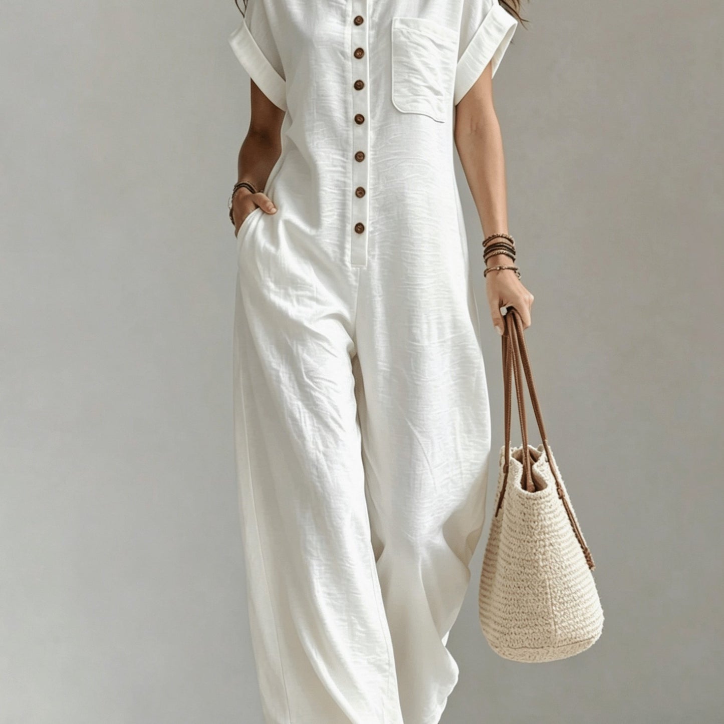 Women'S Summer Short Sleeve Jumpsuit, Collared Single-Row Button Loose Straight Style, Casual Cargo Overalls, Loose Straight Drape Long Pants, Daily Commute Casual All-Match Fashion Comfortable