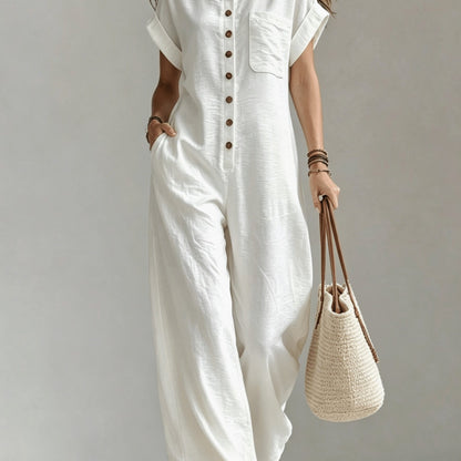 Women'S Summer Short Sleeve Jumpsuit, Collared Single-Row Button Loose Straight Style, Casual Cargo Overalls, Loose Straight Drape Long Pants, Daily Commute Casual All-Match Fashion Comfortable