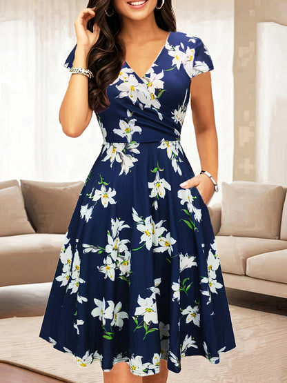 Western Foreign Trade Cross-Border Women'S V-Neck Vintage Ladies Casual Elegant Temperament Flared Knee-Length Pocket Dress