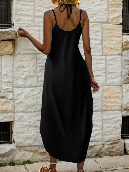 Effortless Black Maxi Dress for Women with V Neck Spaghetti Strap Cocoon Flowing Style