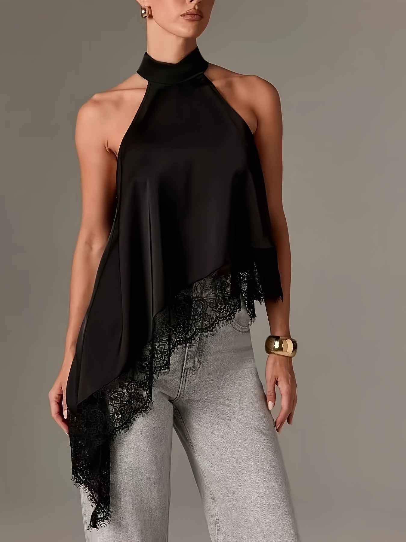 Elegant Satin Halter Top for Women with High Neck Sleeveless Lace Trim Asymmetric Flowing Style