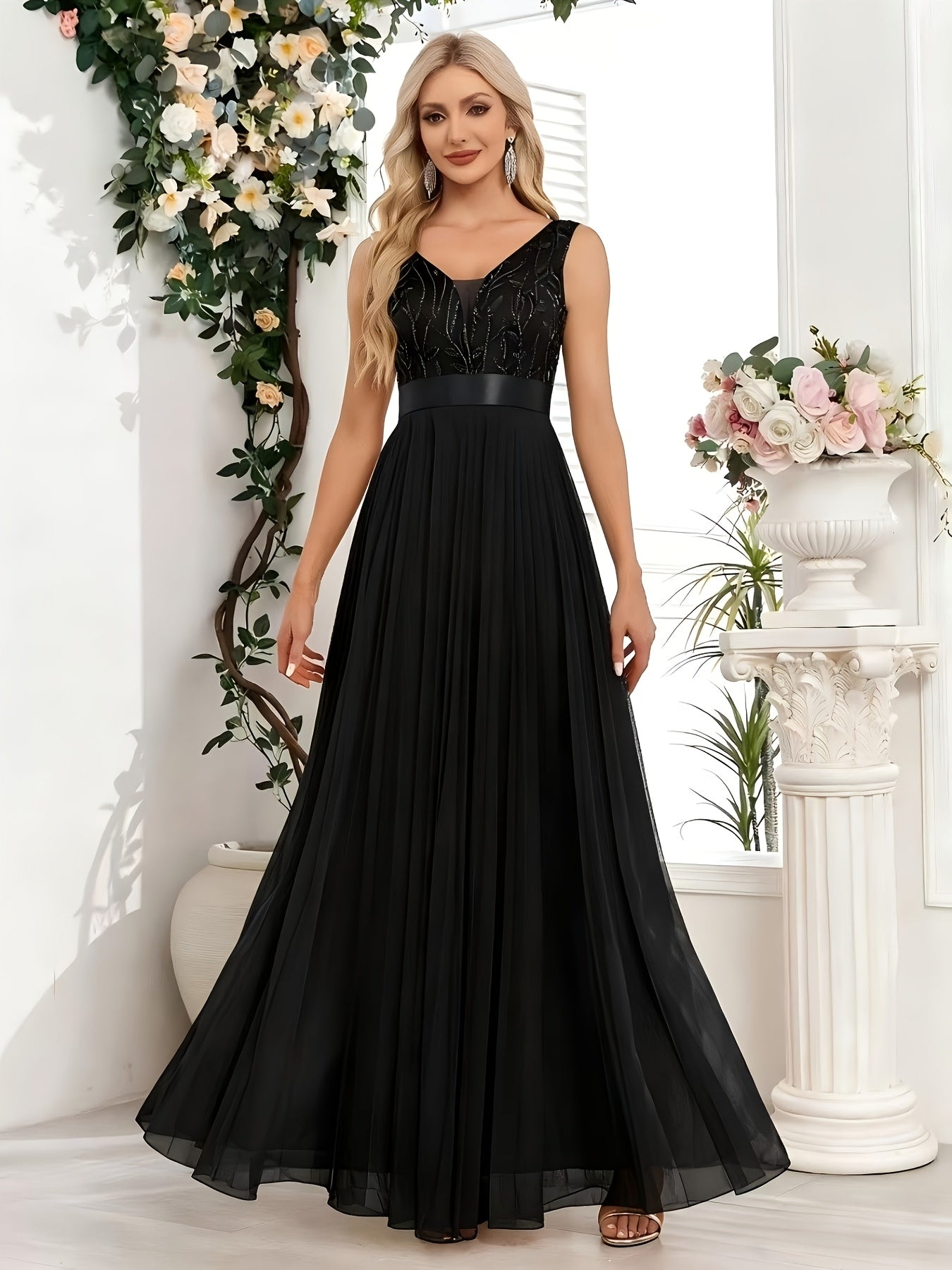 Fashionable Sexy New Women'S Sequin Mesh Patchwork A-Line Party Dress