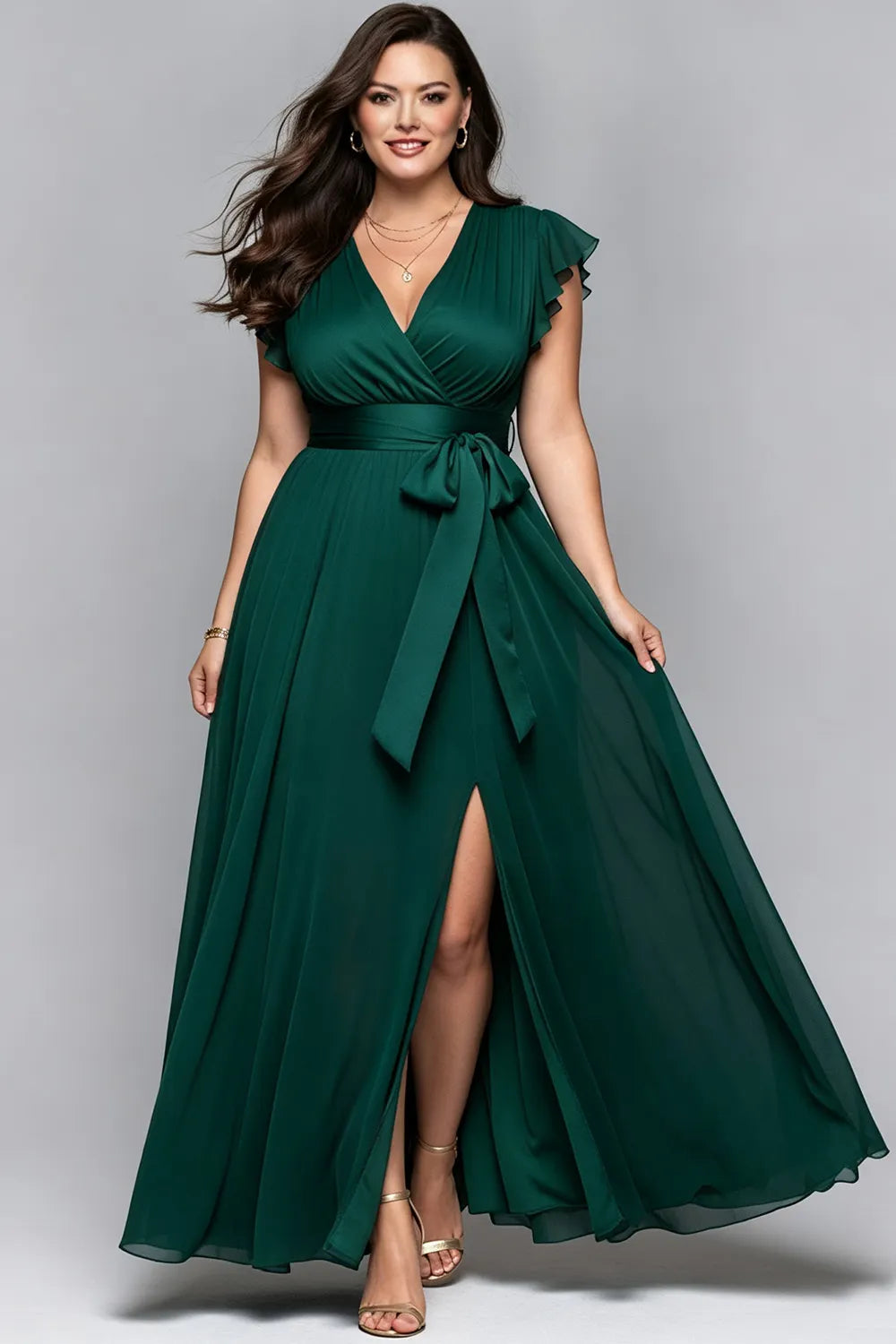 Elegant Dark Green Chiffon Maxi Dress for Women with V Neck Flutter Sleeve Wrap Tie Waist Flowing Formal Wedding Guest Style