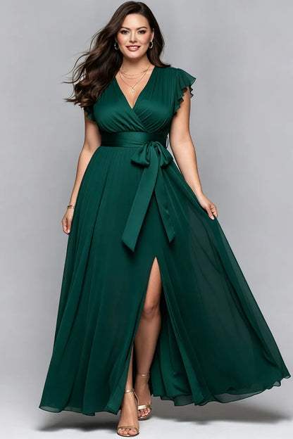 Elegant Dark Green Chiffon Maxi Dress for Women with V Neck Flutter Sleeve Wrap Tie Waist Flowing Formal Wedding Guest Style