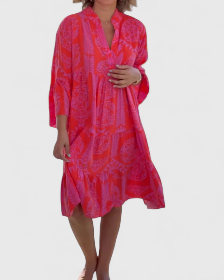 Effortless Tribal Print Kaftan Midi Dress for Women with V Neck Bell Sleeve Tiered High Slit Bohemian Style