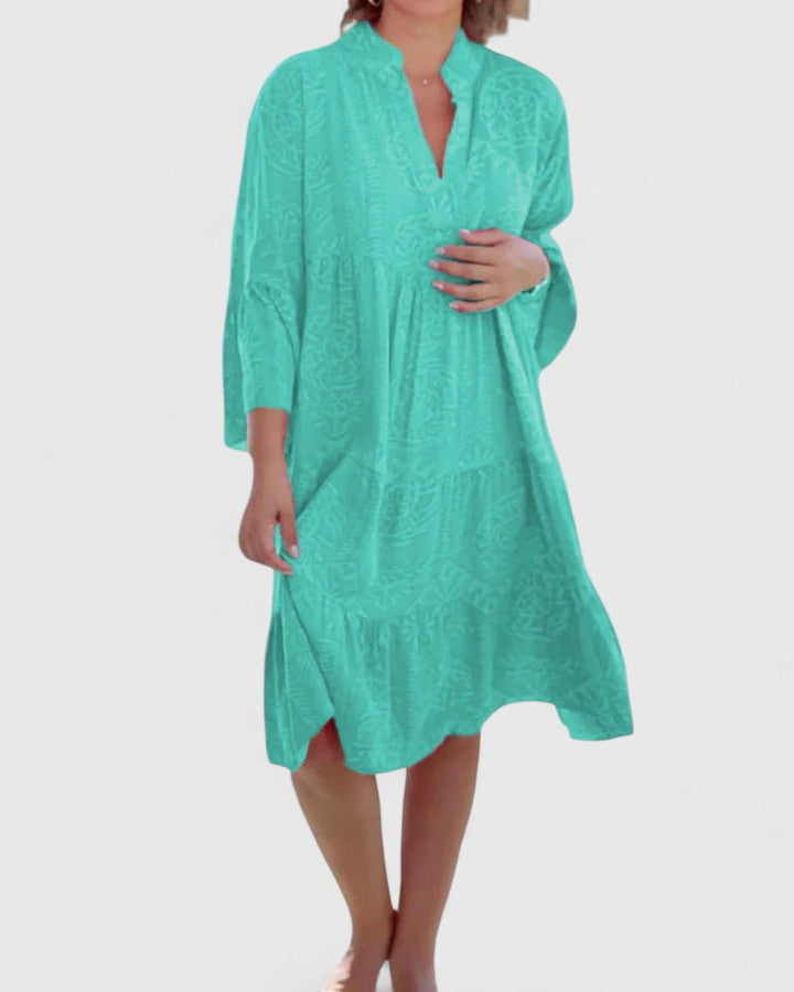 Effortless Tribal Print Kaftan Midi Dress for Women with V Neck Bell Sleeve Tiered High Slit Bohemian Style