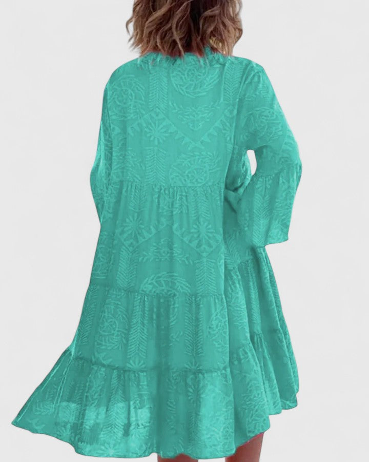 Effortless Tribal Print Kaftan Midi Dress for Women with V Neck Bell Sleeve Tiered High Slit Bohemian Style