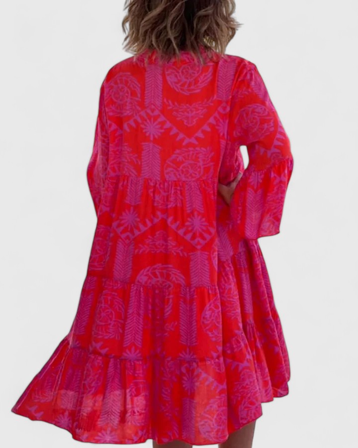 Effortless Tribal Print Kaftan Midi Dress for Women with V Neck Bell Sleeve Tiered High Slit Bohemian Style