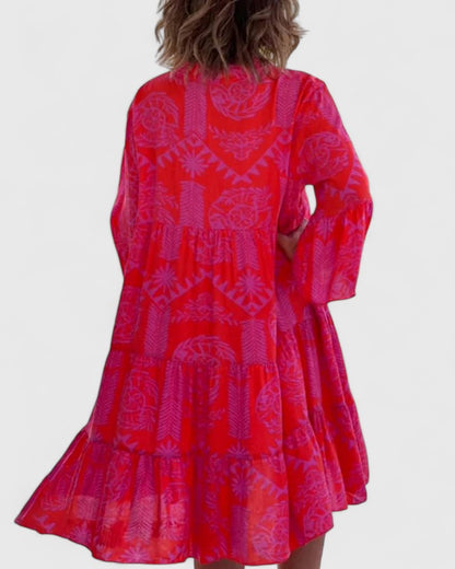Effortless Tribal Print Kaftan Midi Dress for Women with V Neck Bell Sleeve Tiered High Slit Bohemian Style