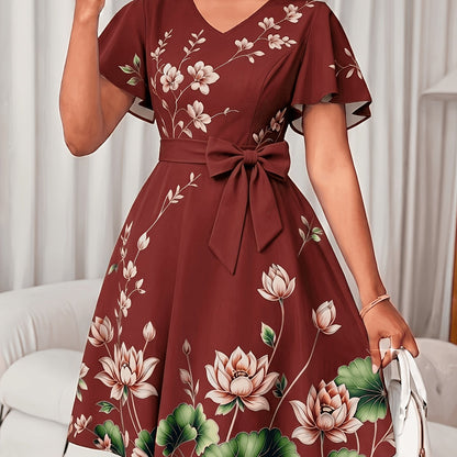 V-Neck Dress, Elegant Floral Print Short Sleeve, Waist-Cinching A-Line Midi Dress, Versatile Women's Wear for Commuting, Parties, and Daily Wear
