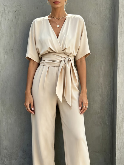 Solid Color Casual Elegant Commuter Women's V-Neck Adjustable Belt Tie Fashion Long Pants Jumpsuit