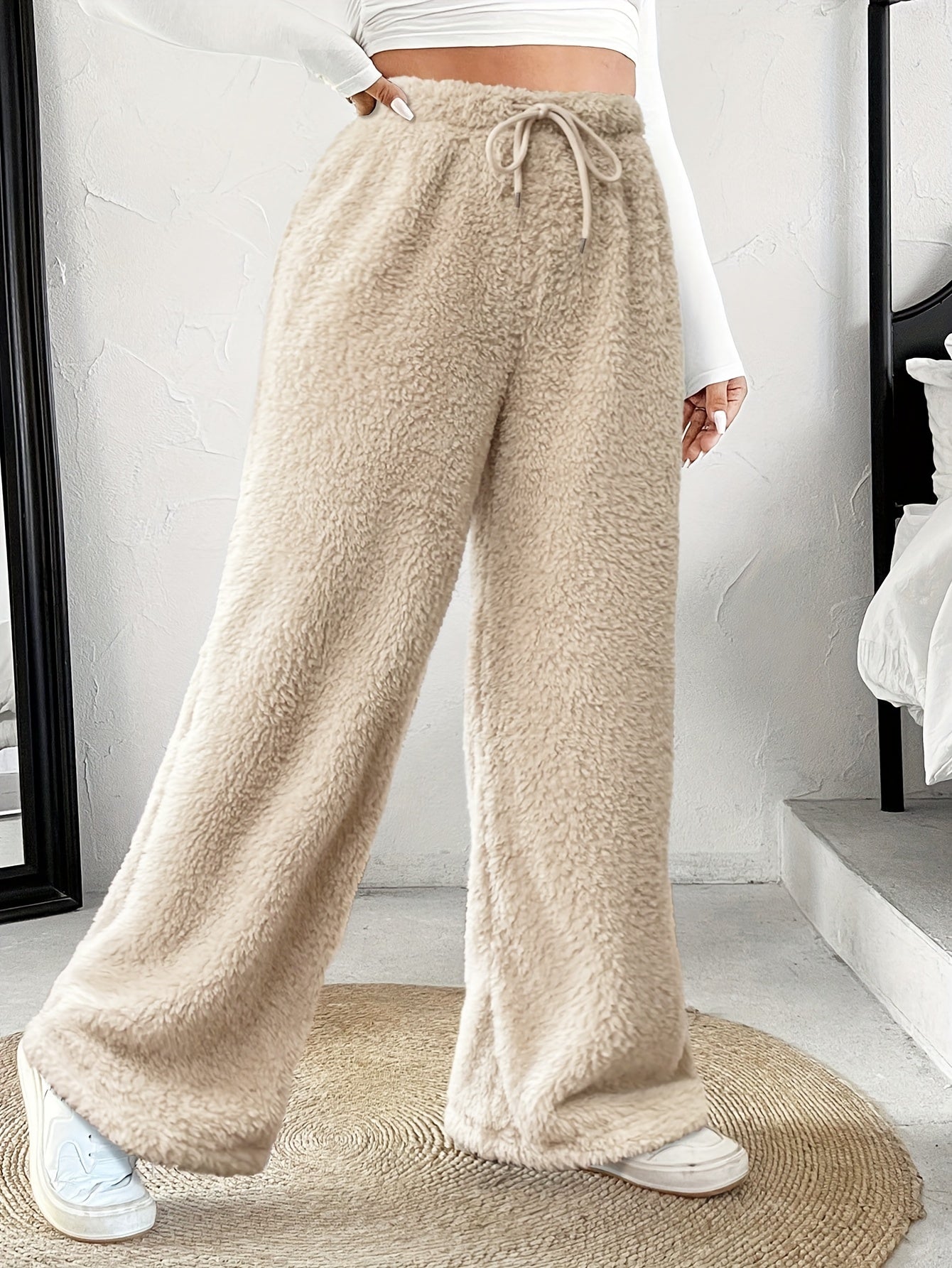 Plus Size -Adult Plus Size Clothing Autumn Winter Casual Reversible Plush Thick Warm Waistband Drawstring Loose Drape Wide Leg Pants