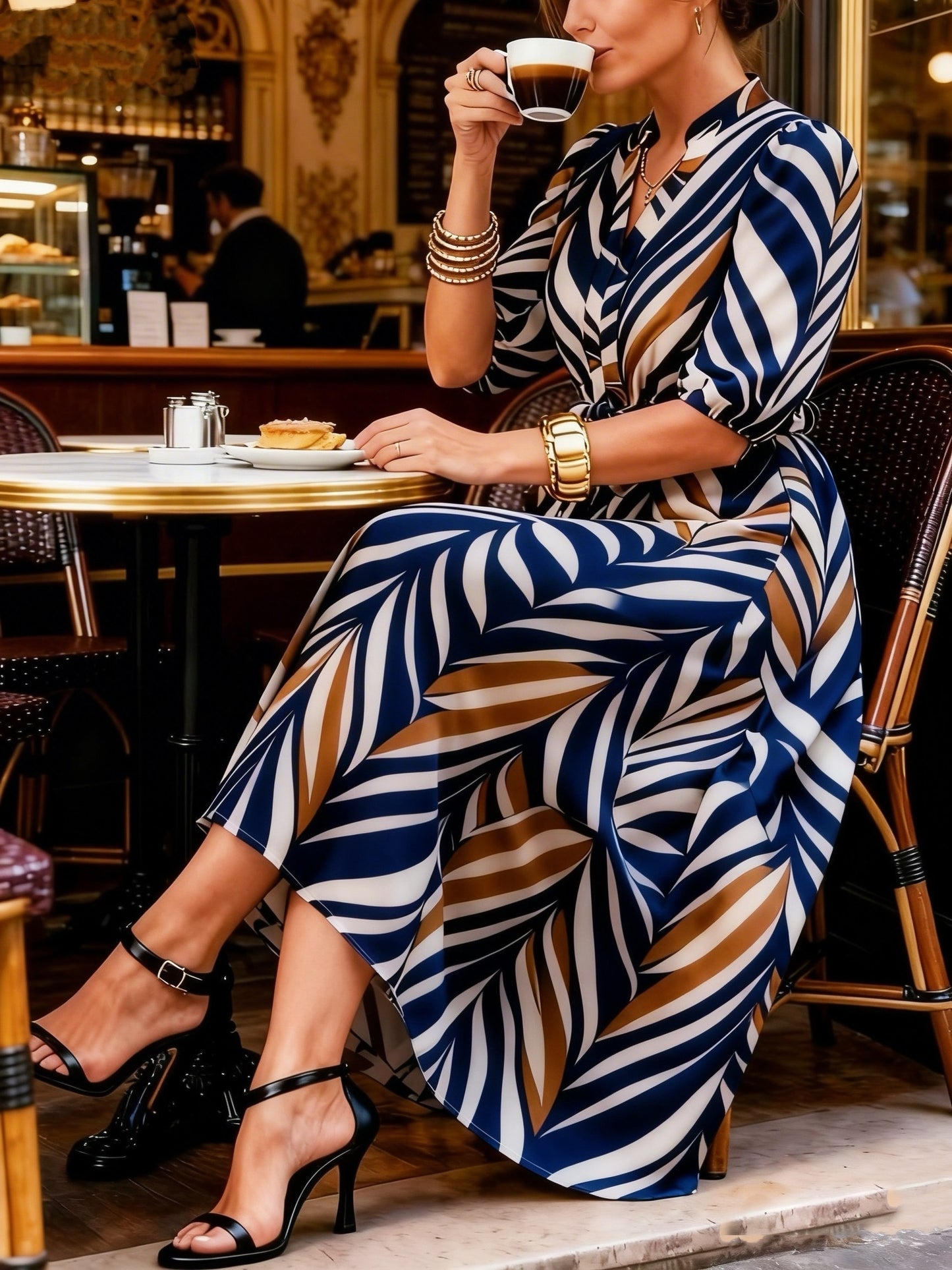 Women's Elegant Long Dress with Belt, V-Neck Leaf Patterned Brown Striped Black and White, Suitable for Festive Occasions Like New Year, Valentine's Day, Plus Size