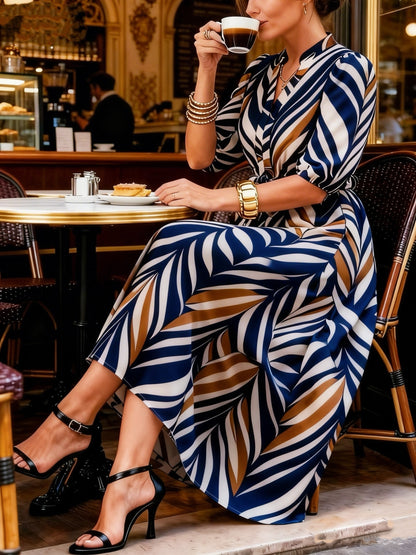 Women's Elegant Long Dress with Belt, V-Neck Leaf Patterned Brown Striped Black and White, Suitable for Festive Occasions Like New Year, Valentine's Day, Plus Size