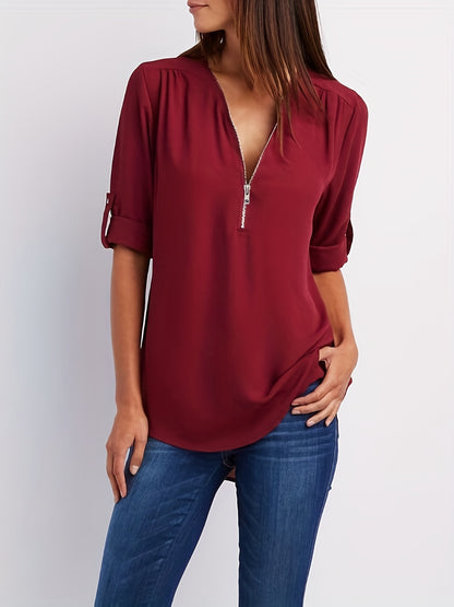 Effortless Zip Front Blouse for Women with V Neck Roll Tab Sleeve Relaxed Tunic Style