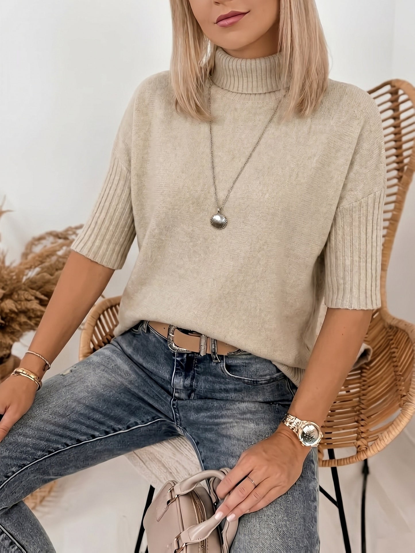 Comfortable Ribbed Sweater for Women with High Neck Elbow Sleeve Relaxed Oversized Knit Style