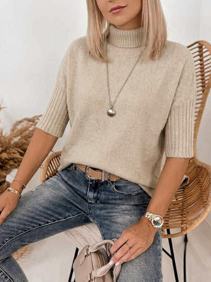 Comfortable Ribbed Sweater for Women with High Neck Elbow Sleeve Relaxed Oversized Knit Style
