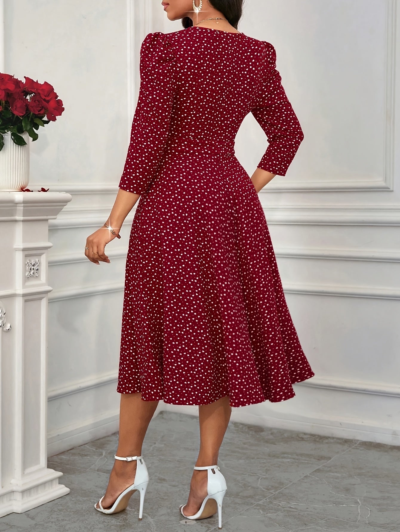 2026 New Valentine's Day/New Year Party/Suitable for Daily Work Wear/Suitable for All Seasons Elegant Fashion Versatile Daily Date V-Neck 3/4 Sleeve Waist Flared Long Red and Blue Women's Elegant Dress, Women's Polka Dot Small Heart Print Dress