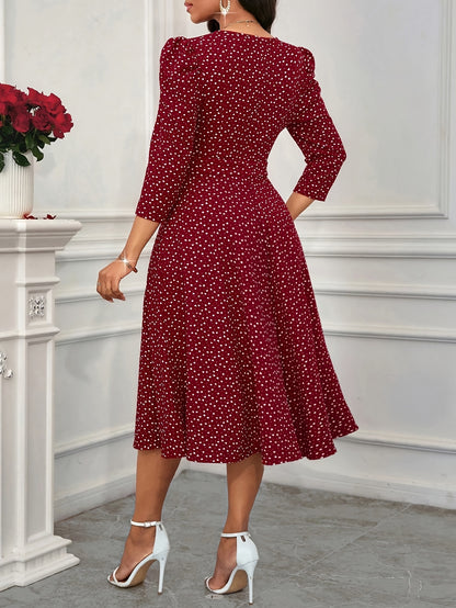 2026 New Valentine's Day/New Year Party/Suitable for Daily Work Wear/Suitable for All Seasons Elegant Fashion Versatile Daily Date V-Neck 3/4 Sleeve Waist Flared Long Red and Blue Women's Elegant Dress, Women's Polka Dot Small Heart Print Dress