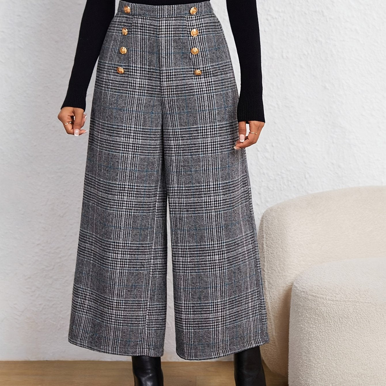 Elegant Grey Plaid Wide Leg Pants for Women with High Waist Button Front Tailored Style