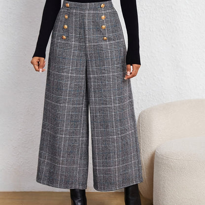 Elegant Grey Plaid Wide Leg Pants for Women with High Waist Button Front Tailored Style