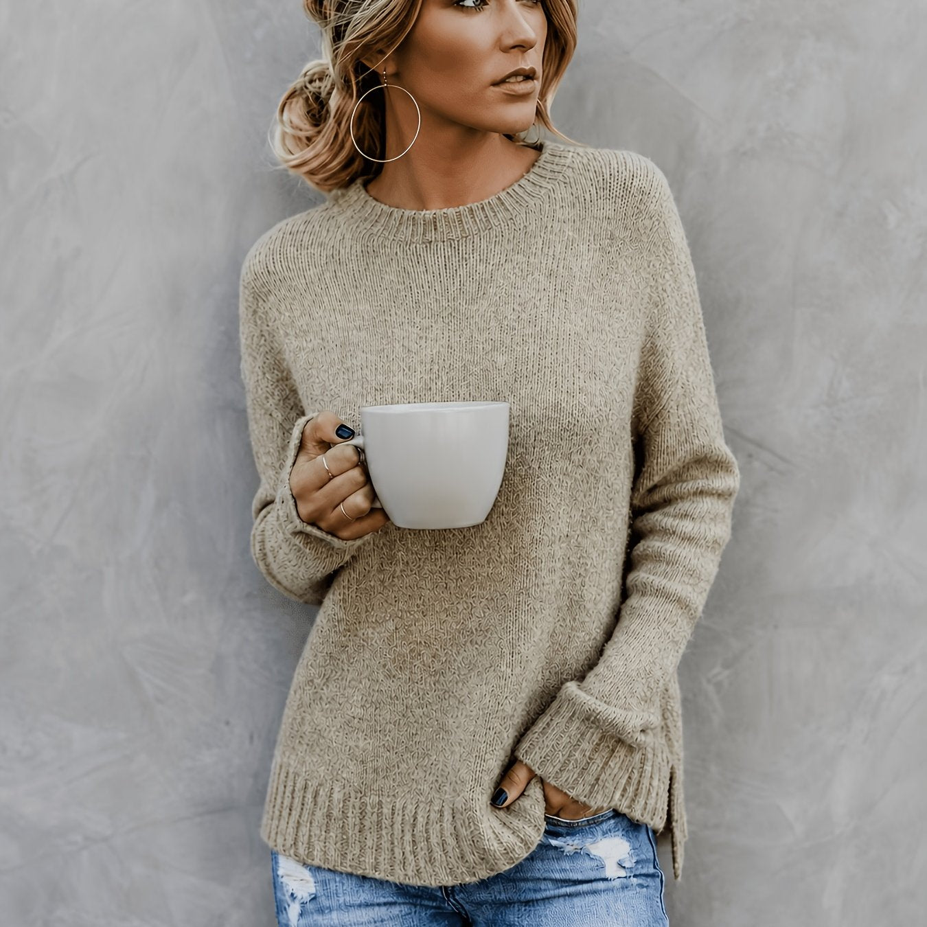 Comfortable Heathered Knit Sweater for Women with Crew Neck Long Sleeve Bell Cuff Oversized Relaxed Style
