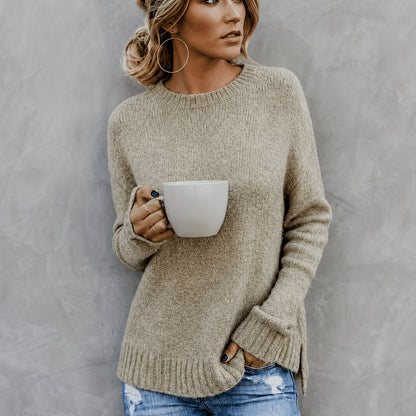 Comfortable Heathered Knit Sweater for Women with Crew Neck Long Sleeve Bell Cuff Oversized Relaxed Style