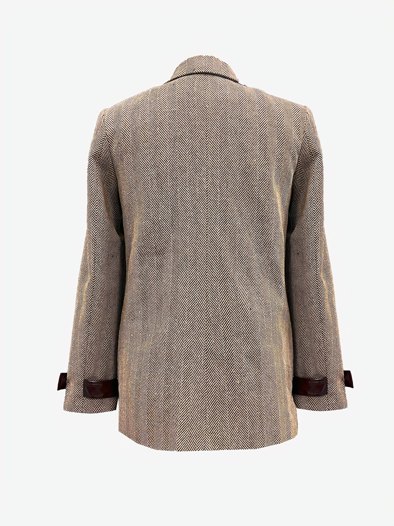 Elegant Khaki Herringbone Tweed Blazer for Women with Lapel Collar Long Sleeve Leather Trim Gold Button Style