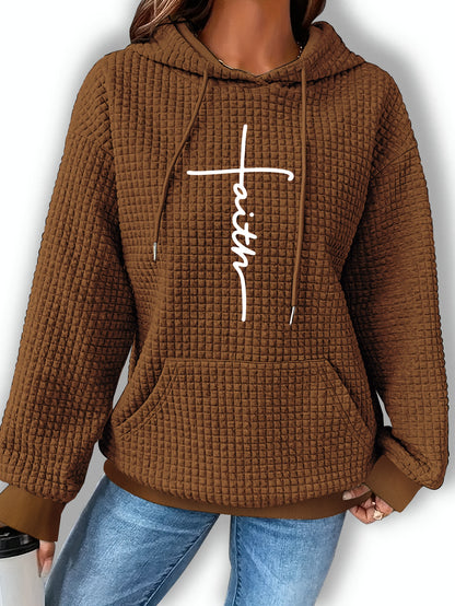 Comfortable Waffle Knit Graphic Hoodie for Women with Drawstring Hood Long Sleeve Oversized Relaxed Style