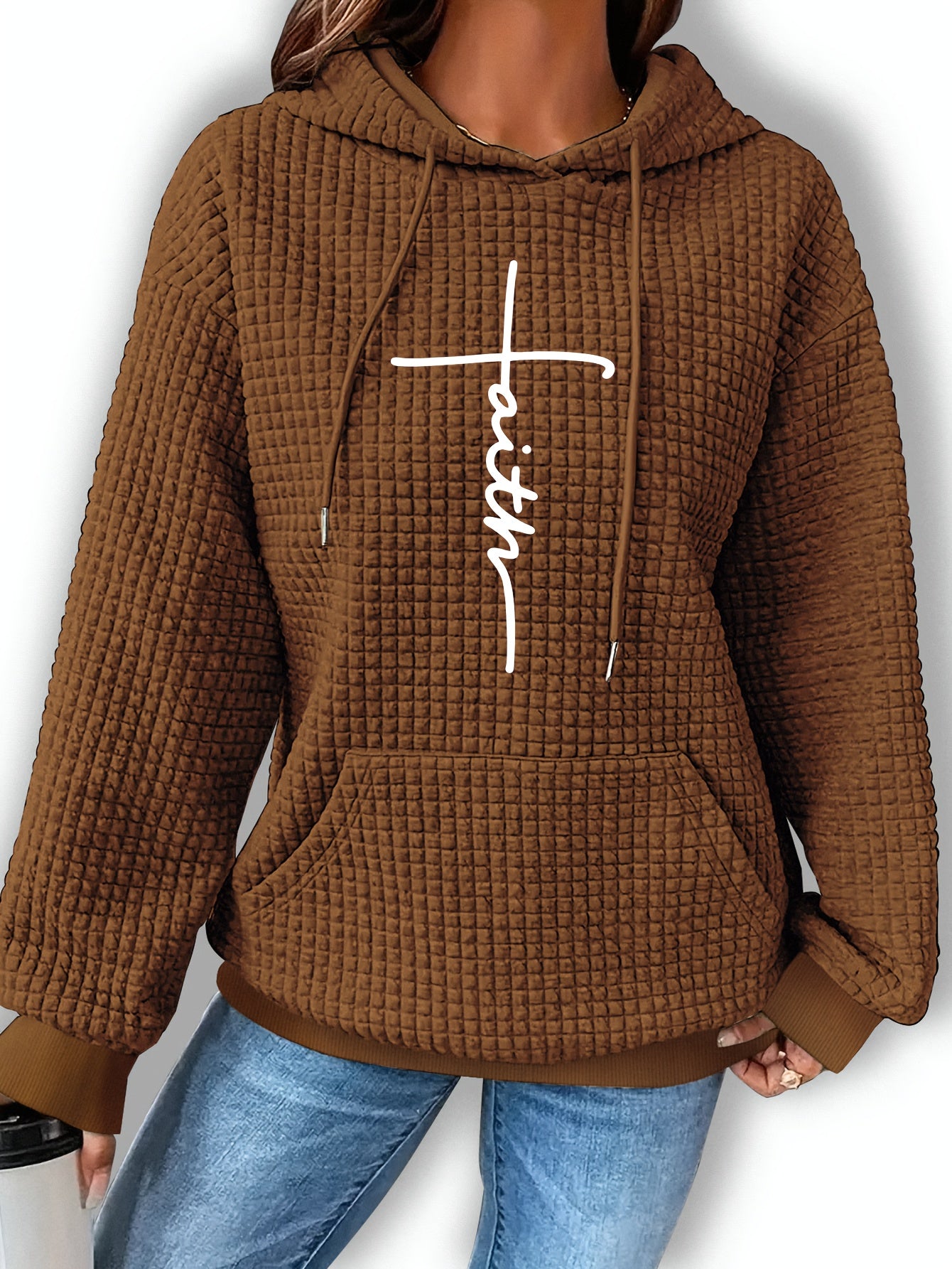 Graphic Print Solid Waffle Kangaroo Pocket Hoodie, Casual Long Sleeve Drawstring Hoodies Sweatshirt, Women'S Clothing
