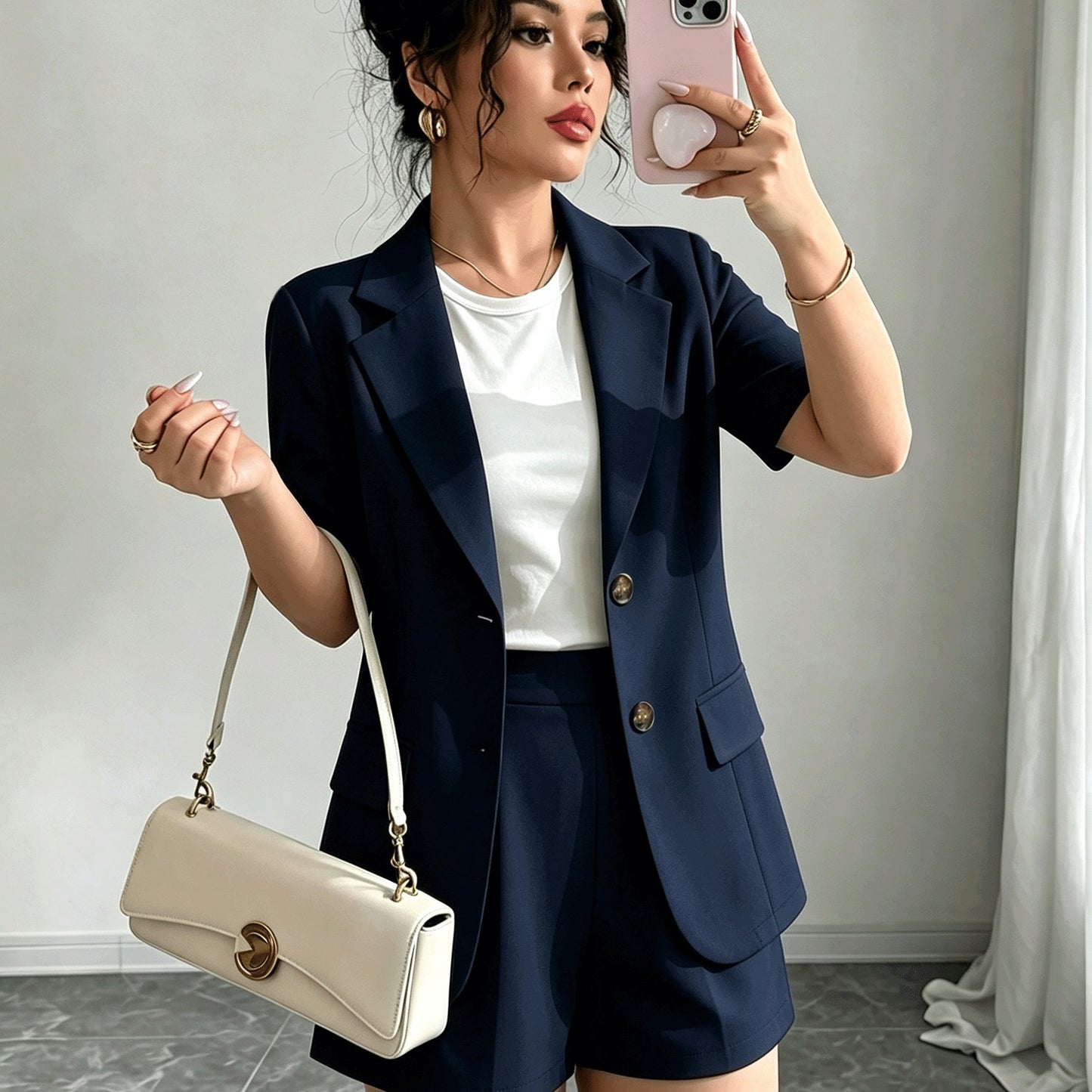 Effortless Blazer Shorts Set for Women with Lapel Collar Short Sleeve Button Front Two Piece Style