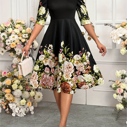Summer Elegant Orienteering Style Floral Print Round Neck Bubble Short Sleeve Bow Women'S A-Line Dress
