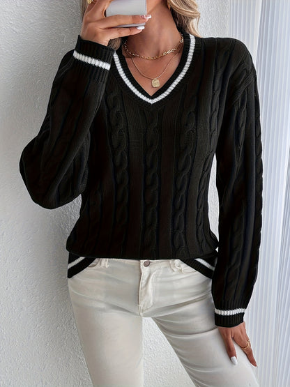 Comfortable Cable Knit Sweater for Women with V Neck Long Sleeve Striped Trim Oversized Style
