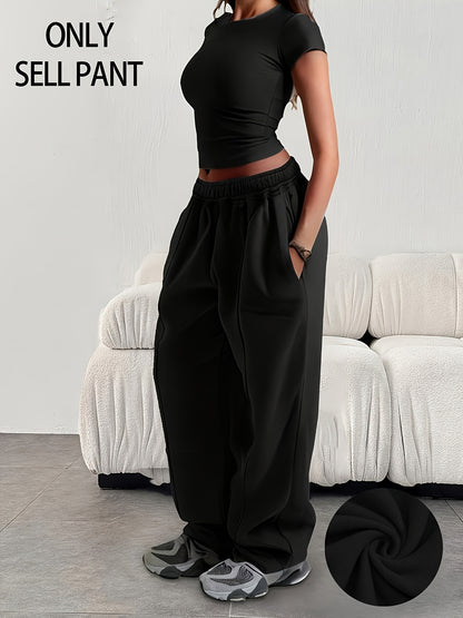 Effortless Fleece Wide Leg Sweatpants for Women with High Waist Elastic Side Pocket Relaxed Casual Style