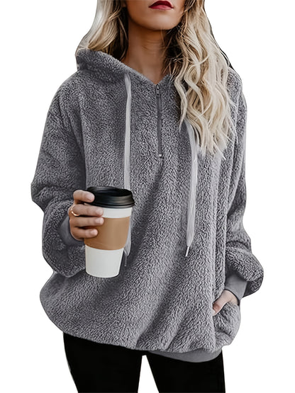 Comfortable Grey Sherpa Hoodie for Women with Hood Long Sleeve Quarter Zip Oversized Relaxed Style