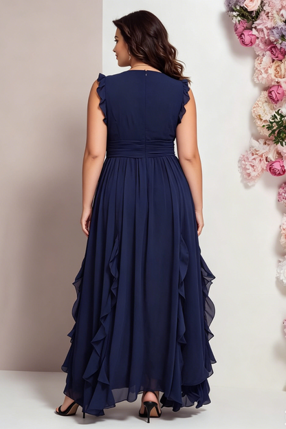 Elegant Navy Blue Maxi Dress for Women with V Neck Ruffle Strap Ruched Waist Flowing Wedding Guest Style