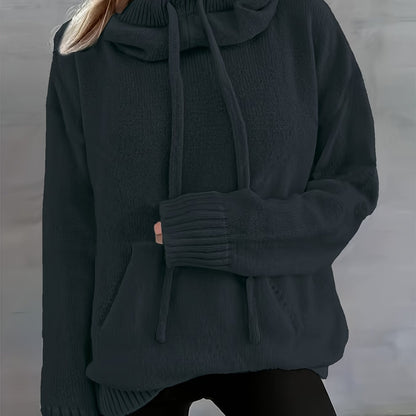 Comfortable Knit Sweater for Women with Cowl Neck Long Sleeve Drawstring Oversized Style