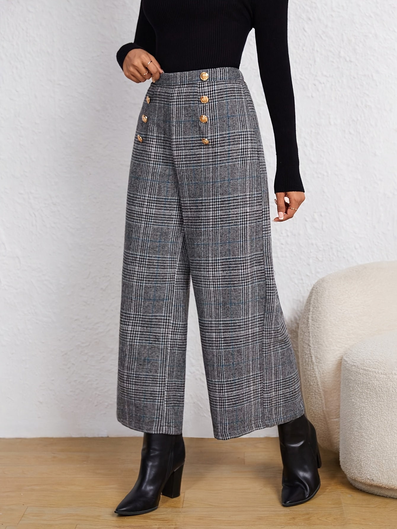 Elegant Grey Plaid Wide Leg Pants for Women with High Waist Button Front Tailored Style