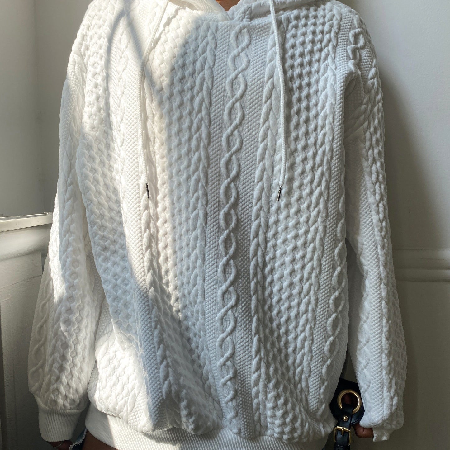 Comfortable Cable Knit Hoodie for Women with Drawstring Hood Long Sleeve Relaxed Oversized Style