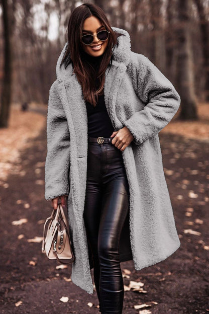 Effortless Shearling Coat for Women with Hooded Collar Long Sleeve Oversized Longline Style