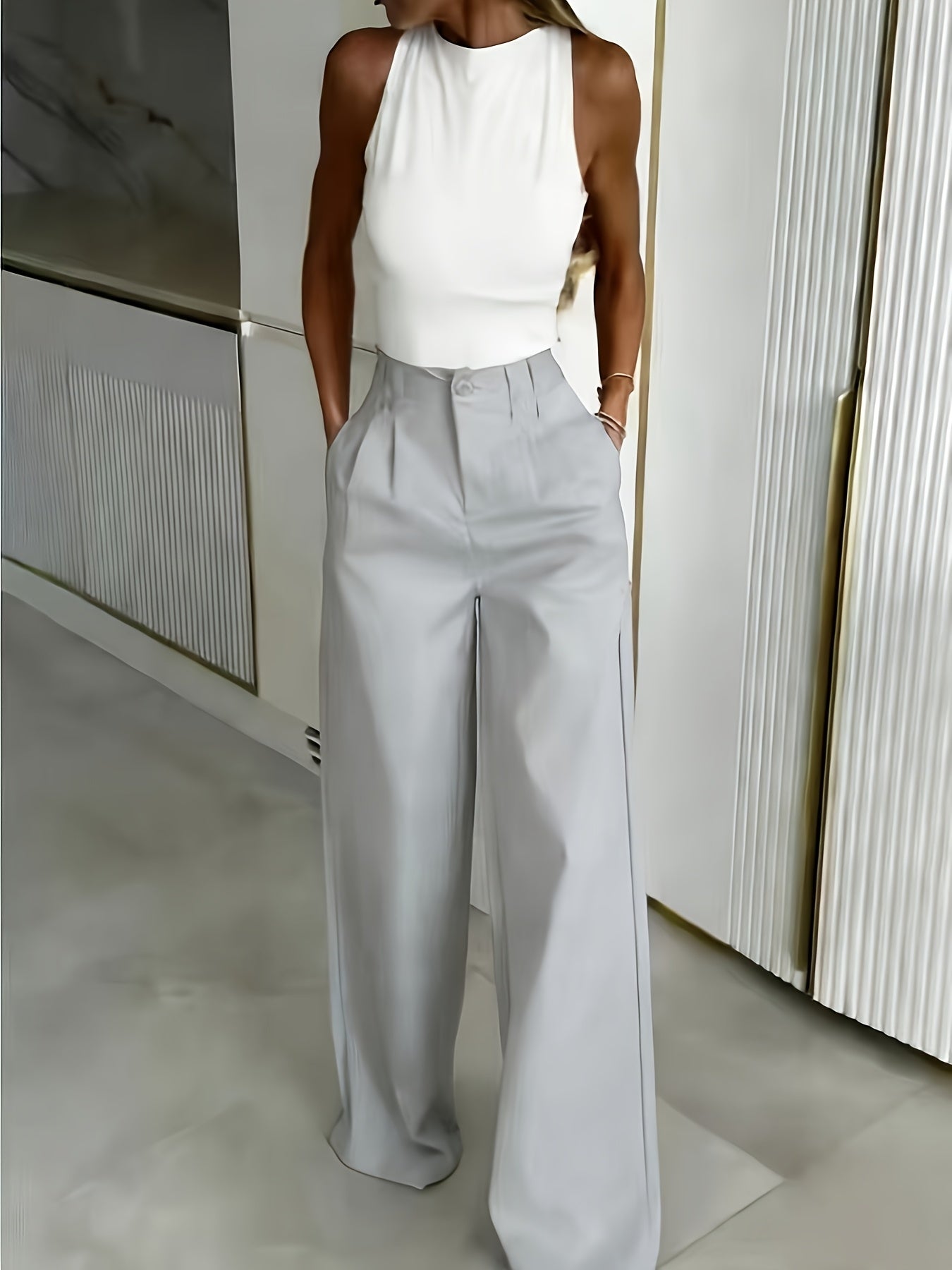Elegant Wide Leg Trousers for Women with High Waist Button Front Pleated Tailored Style