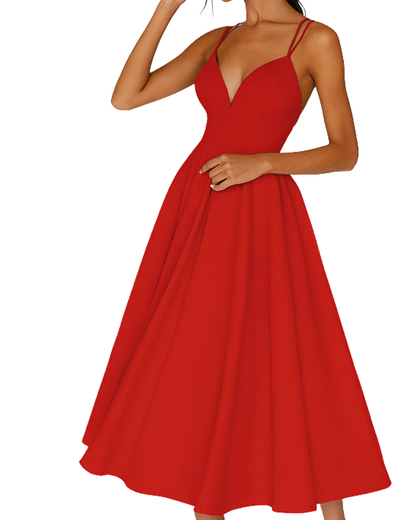 Elegant Satin Midi Dress for Women with V Neck Spaghetti Strap Crisscross Back Fit And Flare Cocktail Style