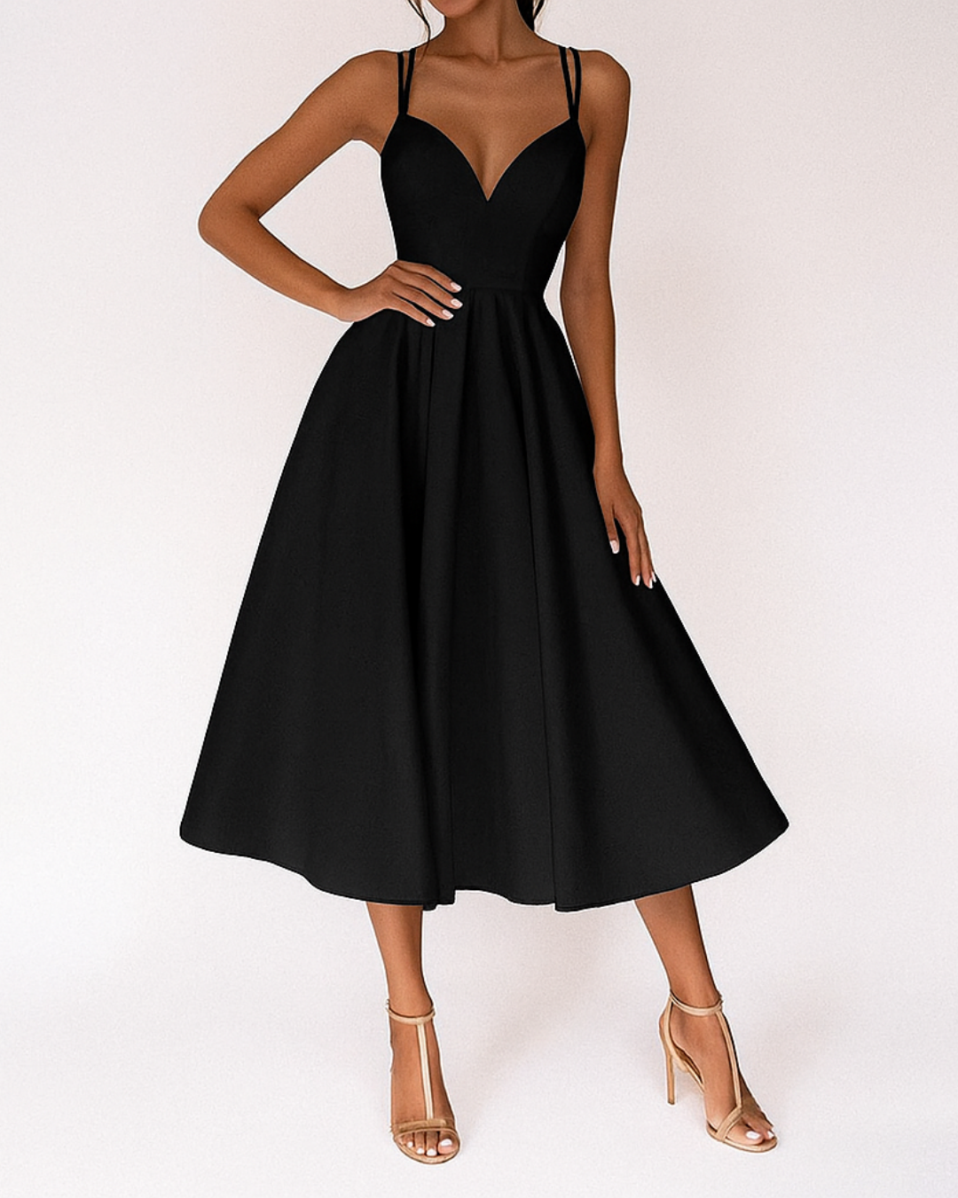 Elegant Satin Midi Dress for Women with V Neck Spaghetti Strap Crisscross Back Fit And Flare Cocktail Style